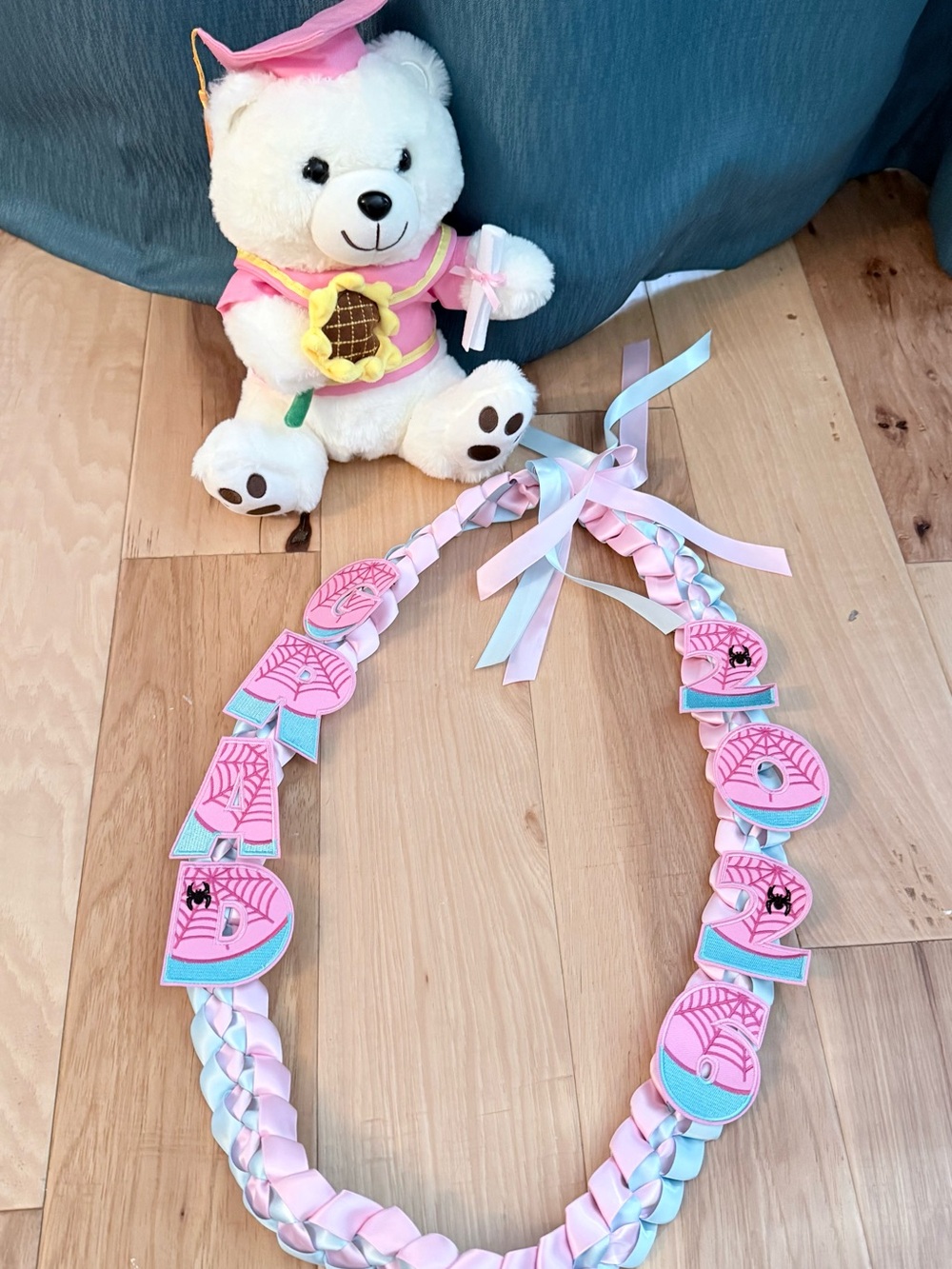 Pink & Light Blue Braided Letter Lei with Spider Web Appliqués, graduation 2026 - Picture 6 of 6